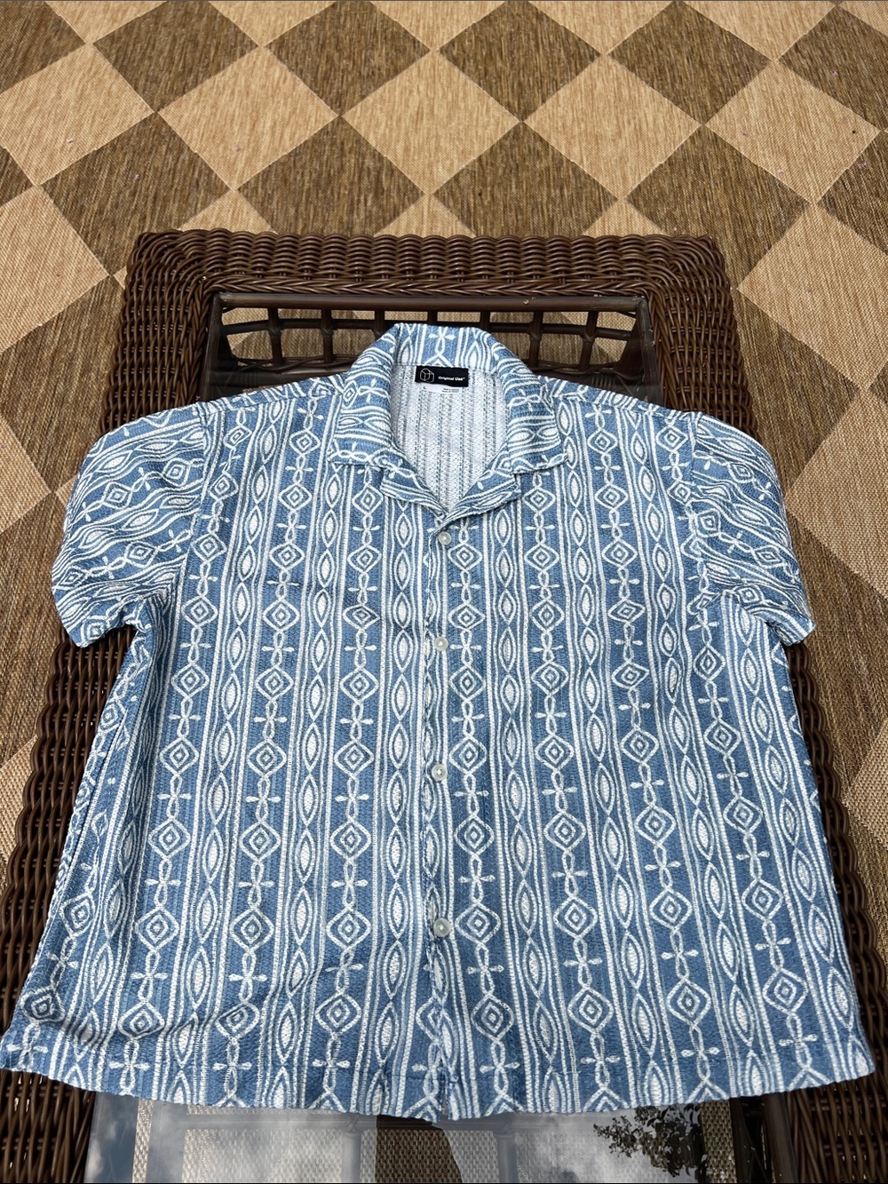 Original Use Blue and White Geometric Short Sleeve Button-Down Shirt
